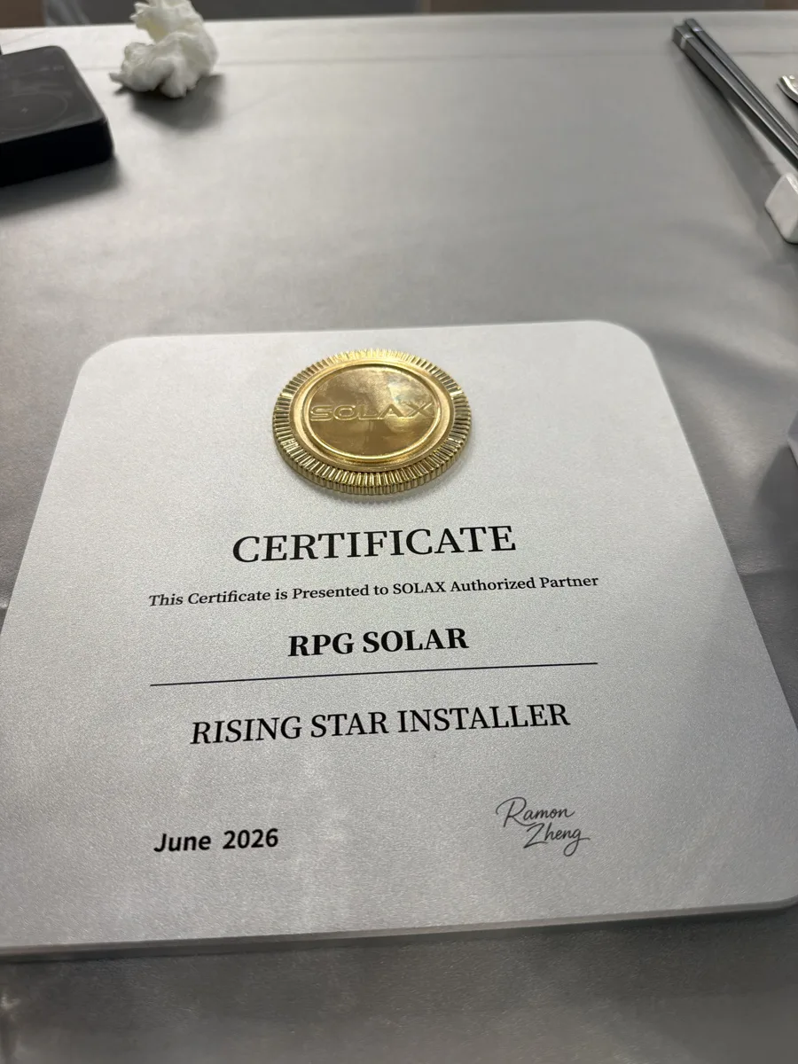 SolaX Rising Star Installer certificate awarded to RPG Solar, June 2026